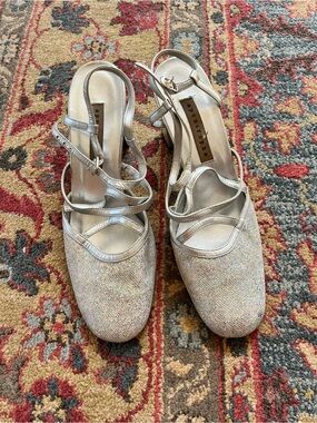 Vintage Apostrophe Silver Glitter Strappy Heels
